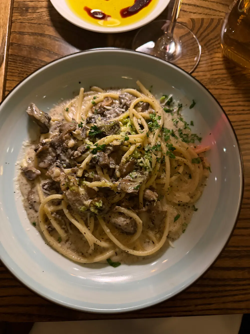 Bucatini with mushrooms at Luogo Nashville vegetarian pasta