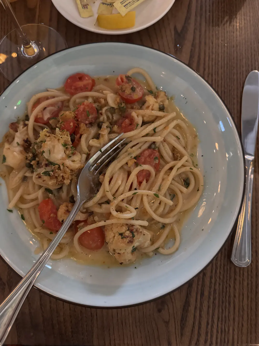 Spaghetti with roasted cauliflower and tomatoes at Luogo Nashville